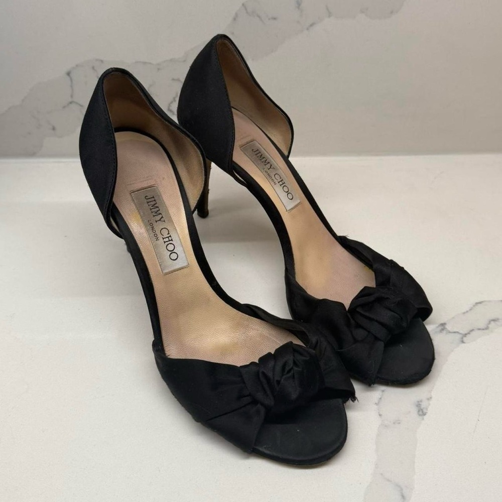 Jimmy Choo Black Satin Heels with Bow Detail